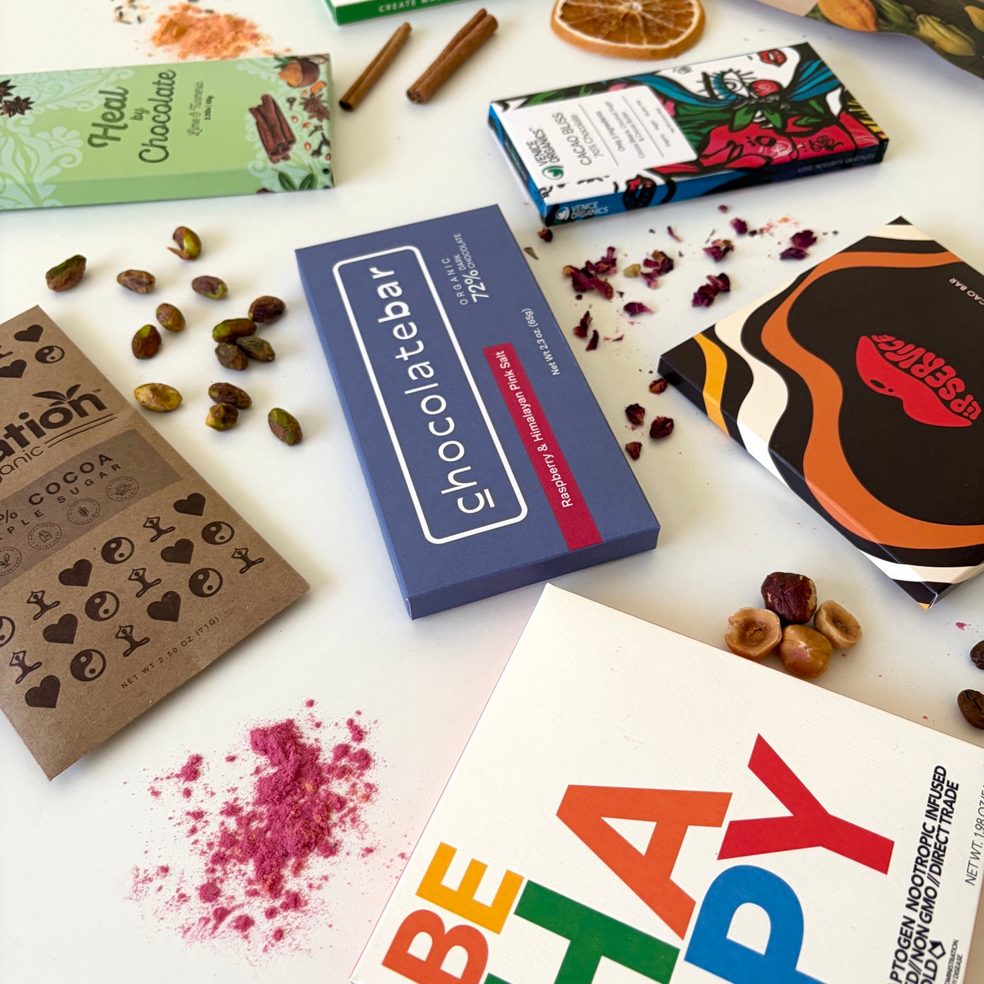 A selection of custom-branded Nibble chocolate bars with ingredients