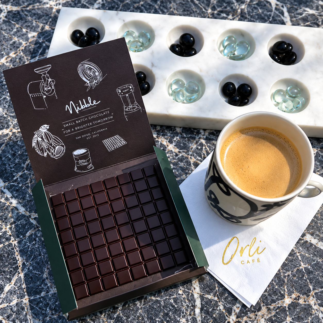 A Nibble chocolate bar presented with a customer-branded café experience